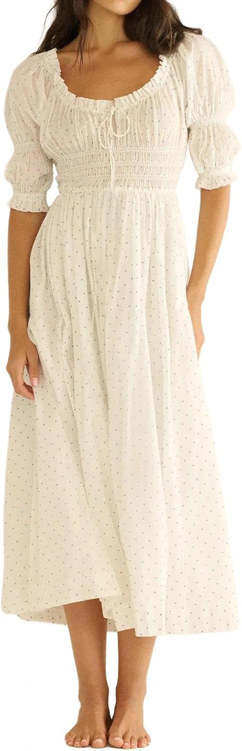 ABYOVRT Women Smocked Dresses Puff Sleeve Off Shoulder Flowy Midi Dress Baby Shower Summer Fall