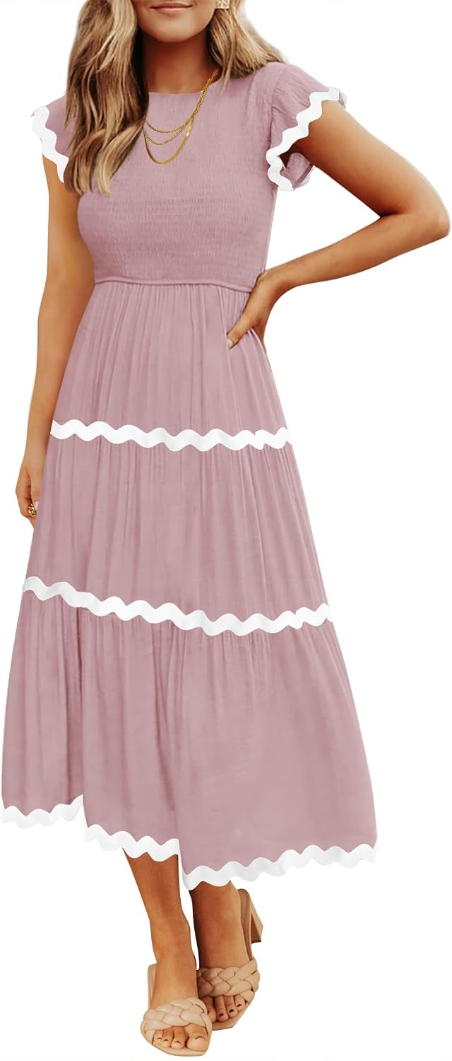 Crew-Neck Short-Sleeve Tiered Midi Dress in Pink