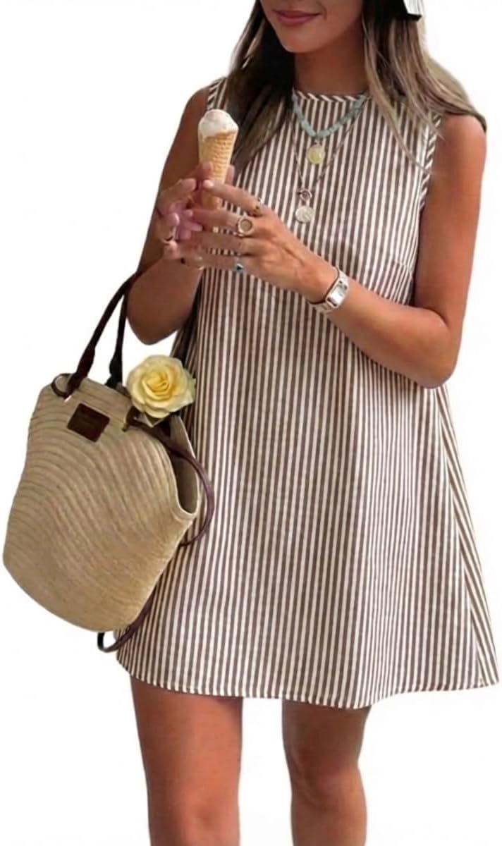 Plaid Mock-Neck Sleeveless A-Line Mini Dress in Striped Brown
