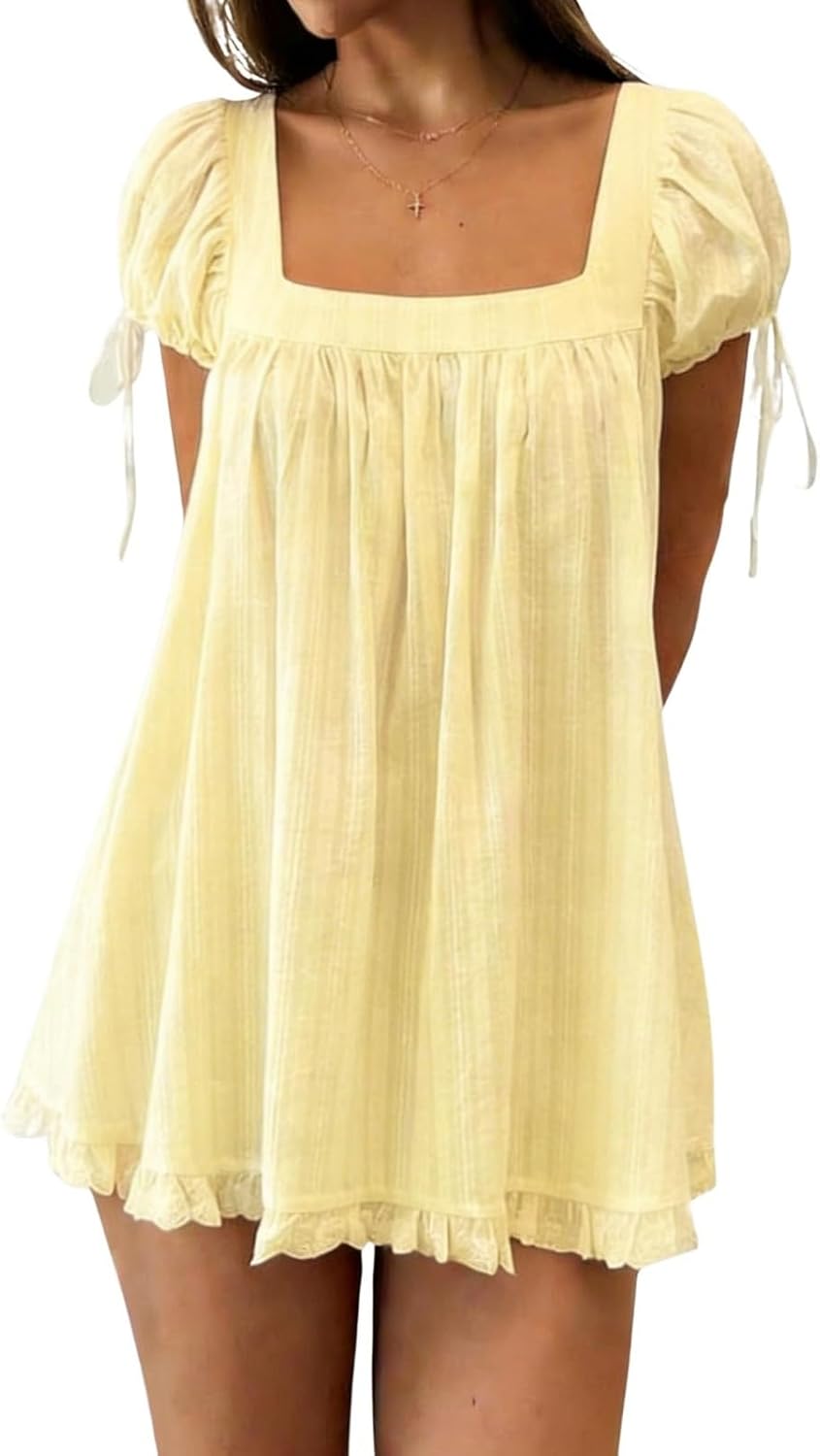 QLQLWDD Women Square Neck Babydoll Mini Dress Y2k Puff Sleeve Flowy Short Dress Loose Bow Tie Ruffle Trim Going Out Sundress