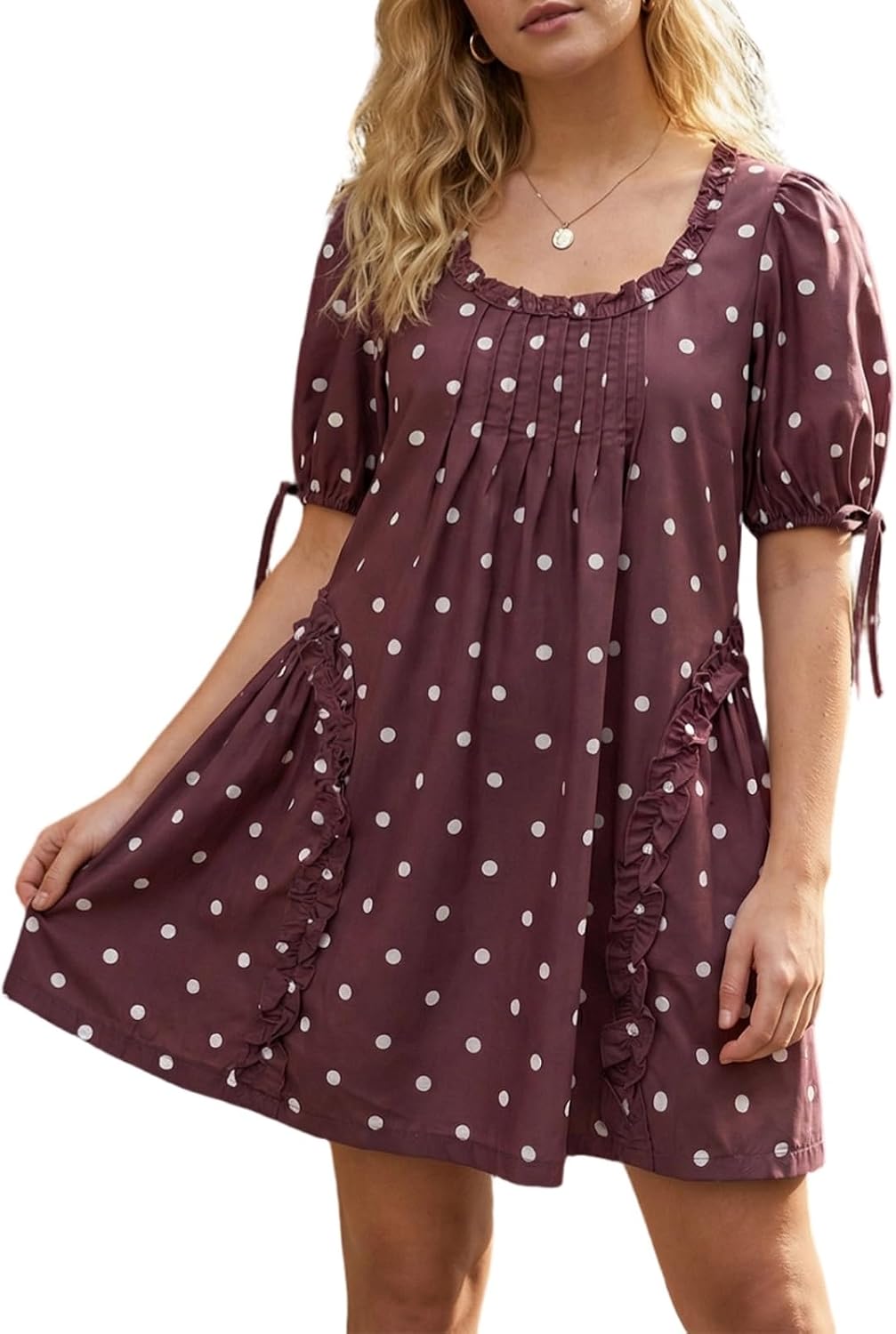 QLQLWDD Women Square Neck Babydoll Mini Dress Y2k Puff Sleeve Flowy Short Dress Loose Bow Tie Ruffle Trim Going Out Sundress