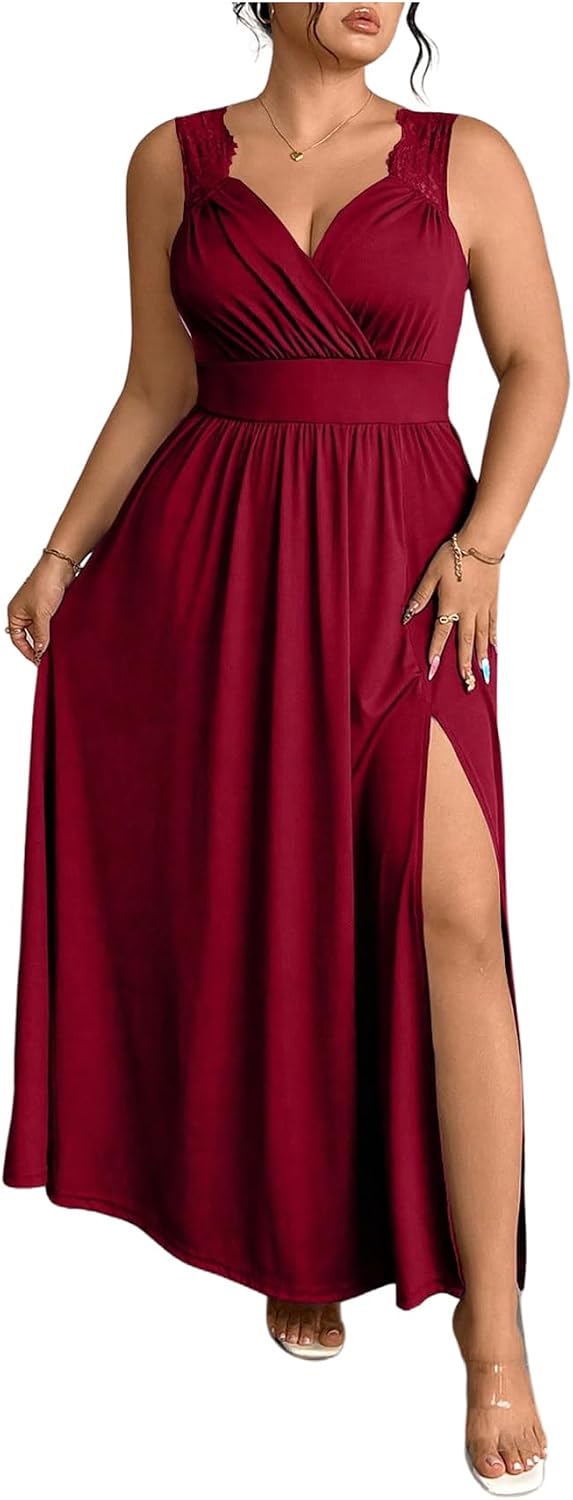 OYOANGLE Women's Plus Size Formal Evening Maxi Dress Wedding Guest Party | High Slit ,Split Side Sleeveless Wrap V Neck Lace Trim Sleeveless Long Cocktail Dress,Summer