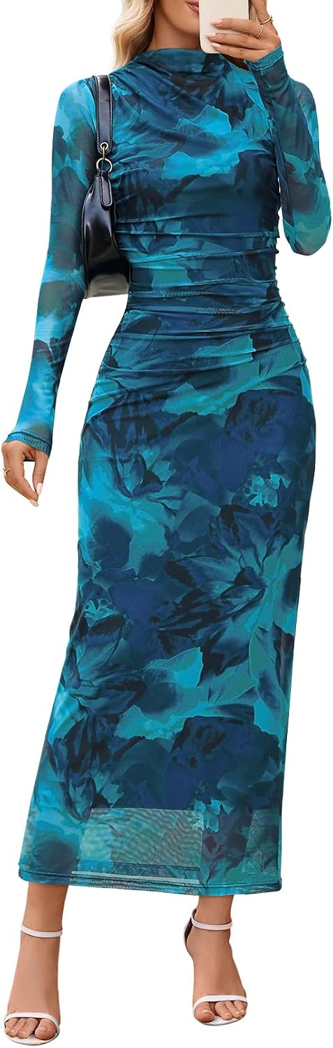 Floral Mesh Long-Sleeve Bodycon Maxi Dress in Teal