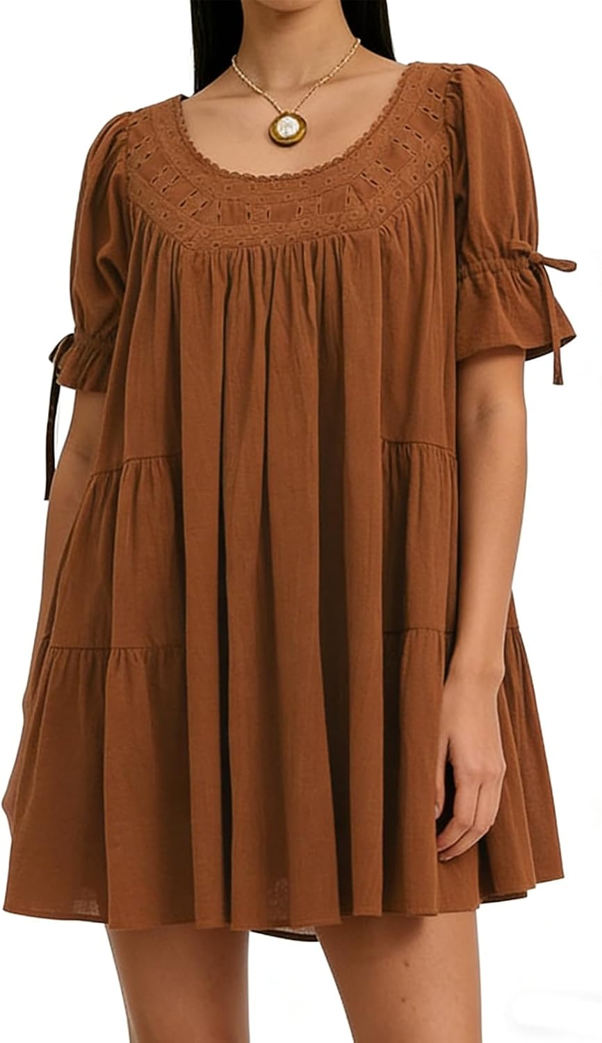 QLQLWDD Women Square Neck Babydoll Mini Dress Y2k Puff Sleeve Flowy Short Dress Loose Bow Tie Ruffle Trim Going Out Sundress