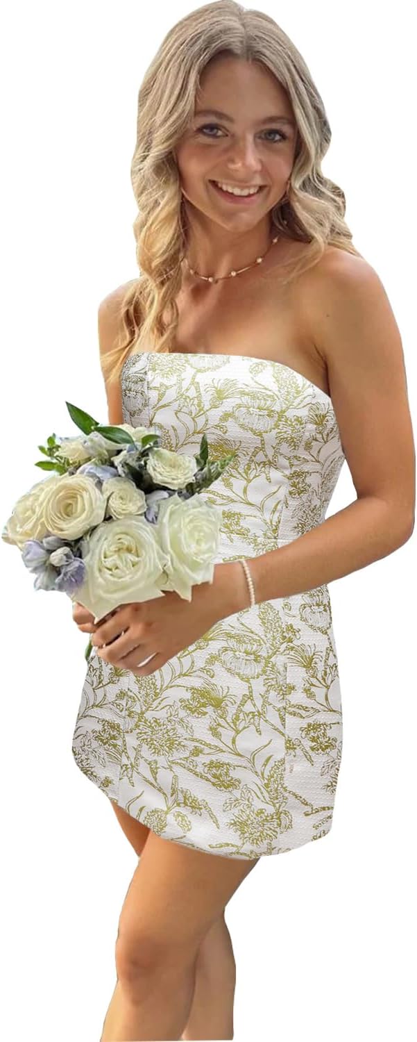 Flybridal Floral Mini Strapless Homecoming Cocktail Dress | Short Prom Graduation Birthday Party Dresses, Semi Formal Wedding Guest Outfit, Built in Bra, Lace-up and Zipper Closure