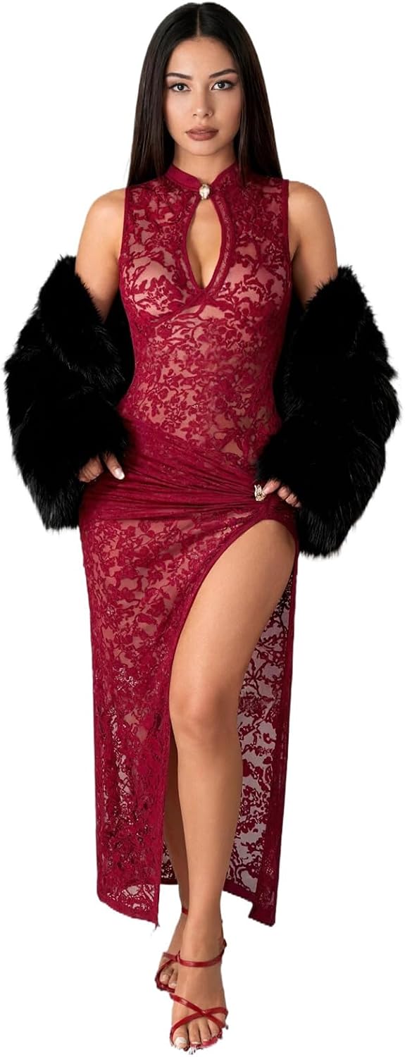 OCUH Black Lace Dress Sheer Maxi Dresses Sexy Outfit for Women Going Out High Slit Skirt Bodycon Vacation Party Wear