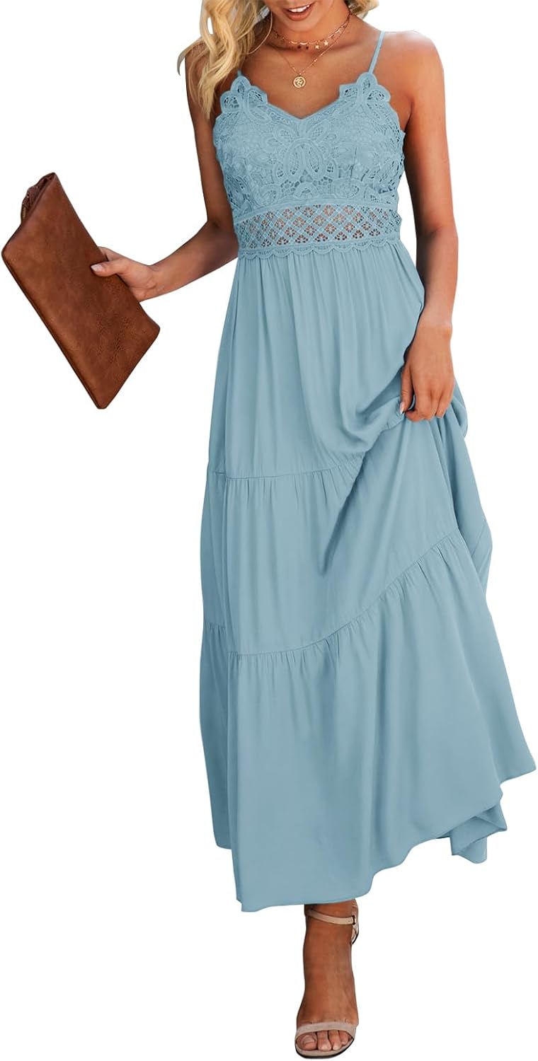 Dokuritu Women's Beach Crochet Lace Maxi Dress Solid Color Summer Vacation Wedding Guest Spaghetti Strap Long Dress