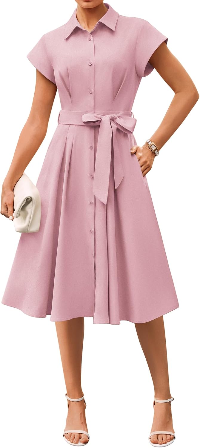 GRACE KARIN Womens Summer Work Business Casual Midi Shirt Dresses | 2026 V Neck Short Sleeve Button Down Collared Belted A Line Dress with Pockets Funeral Office Church Wedding Guest Outfits