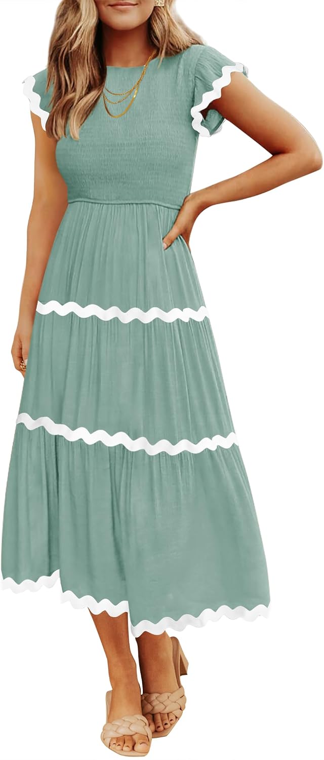 Crew-Neck Short-Sleeve Tiered Midi Dress in Turquoise