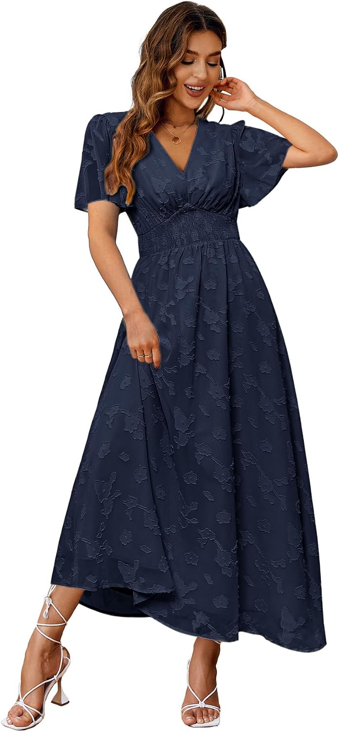 Floral V-Neck Short-Sleeve Maxi Dress in Navy Blue