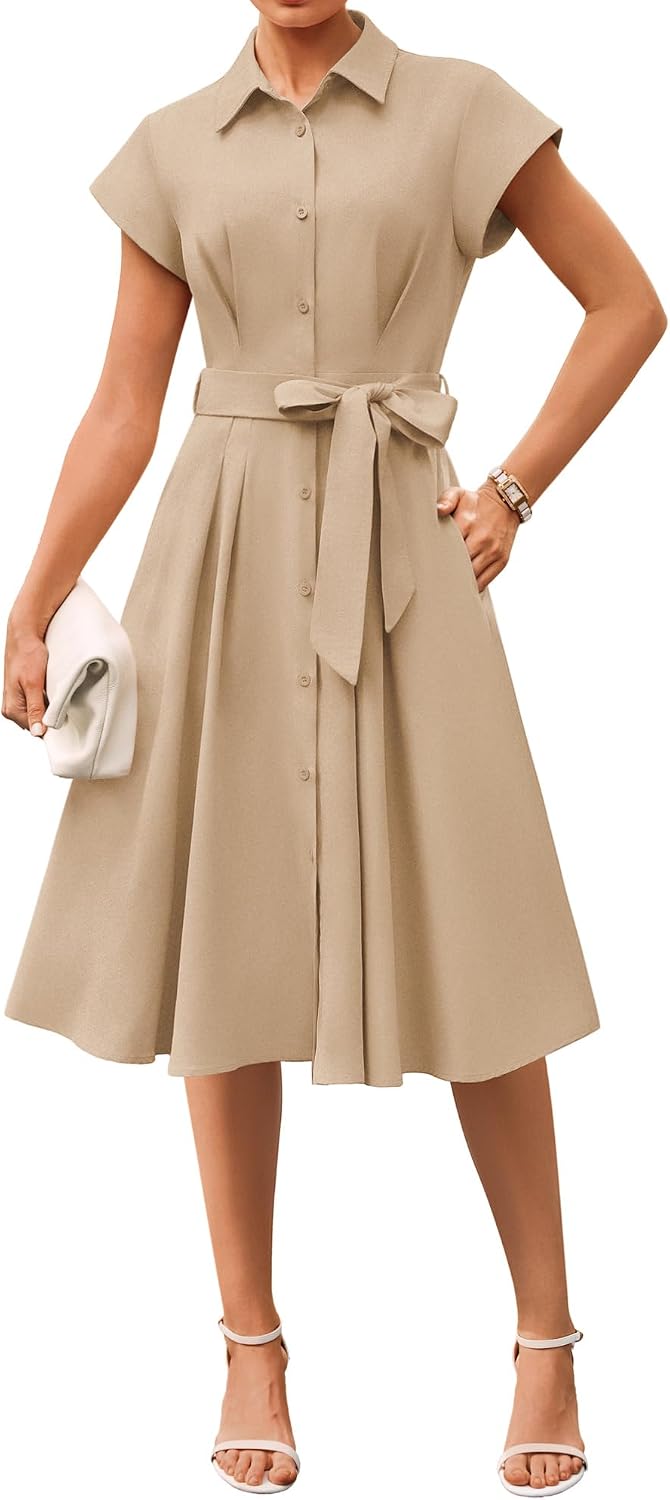 GRACE KARIN Womens Summer Work Business Casual Midi Shirt Dresses | 2026 V Neck Short Sleeve Button Down Collared Belted A Line Dress with Pockets Funeral Office Church Wedding Guest Outfits