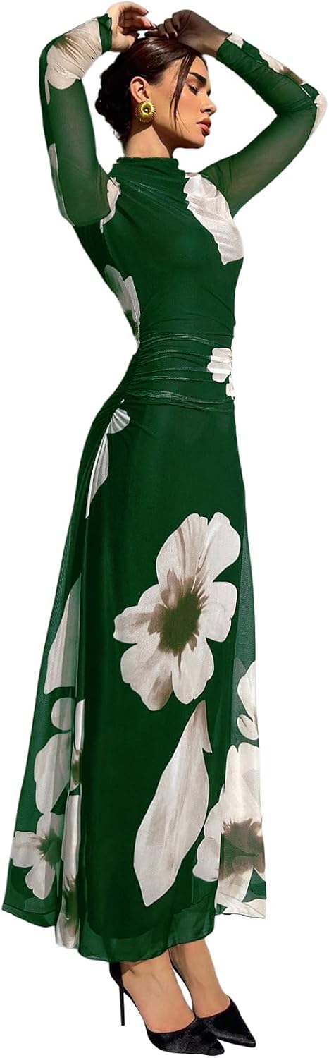 Verdusa Women's Floral Wedding Guest Dress Long Sleeve Mesh Maxi Dresses | Bodycon Dresses, Elegant Dresses for Women, Flowy Dresses, Cocktail Outfits, Fall Dresses for Women