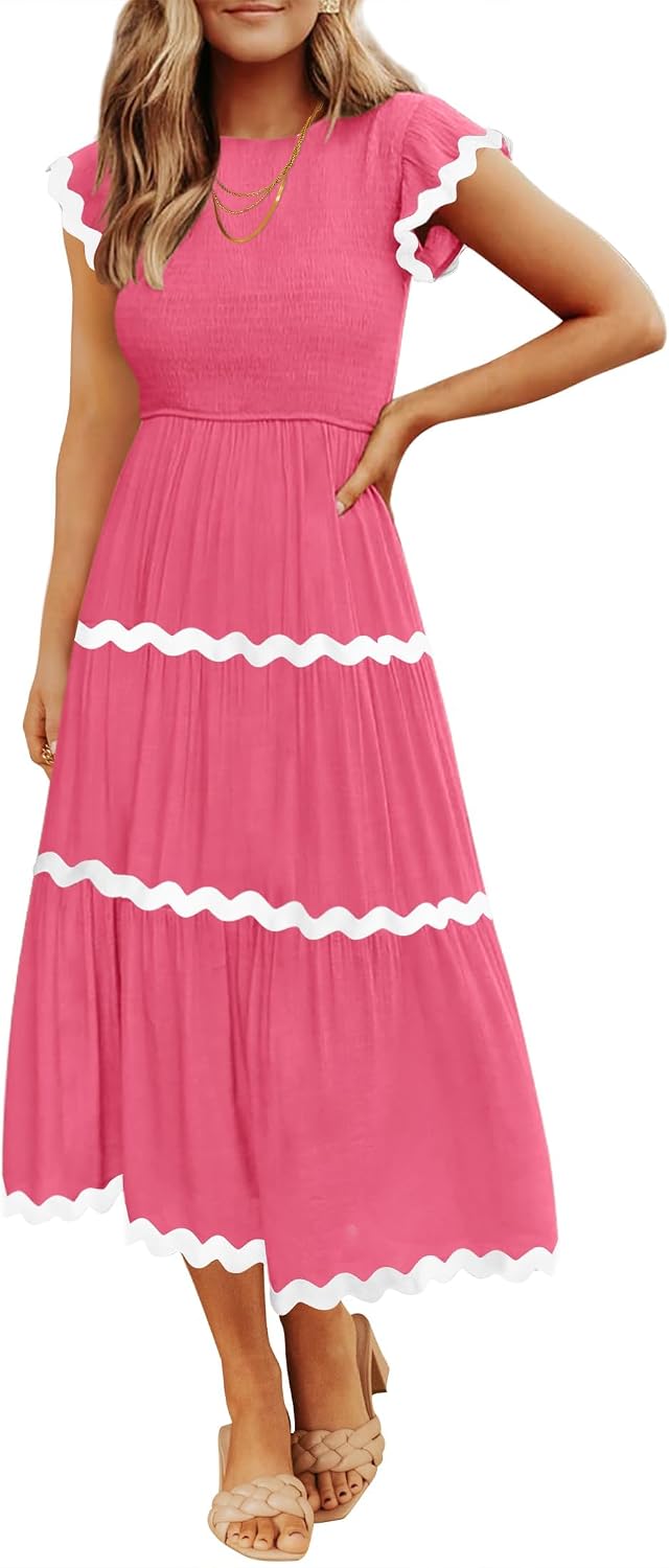 Crew-Neck Short-Sleeve Tiered Midi Dress in Hot Pink
