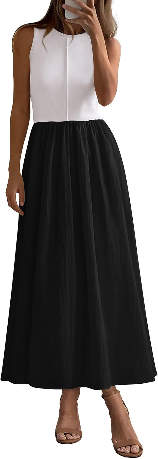 Ribbed Knit Sleeveless A-Line Maxi Dress in Black White