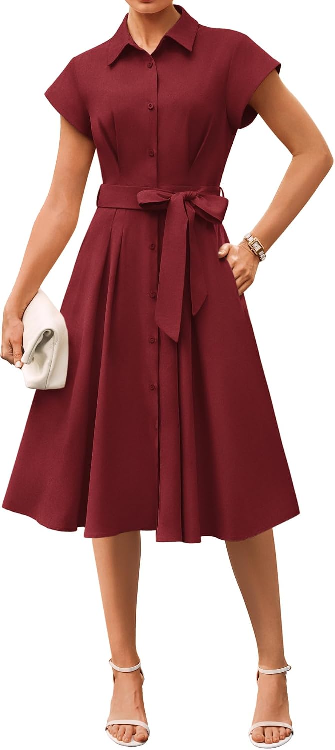 GRACE KARIN Womens Summer Work Business Casual Midi Shirt Dresses | 2026 V Neck Short Sleeve Button Down Collared Belted A Line Dress with Pockets Funeral Office Church Wedding Guest Outfits