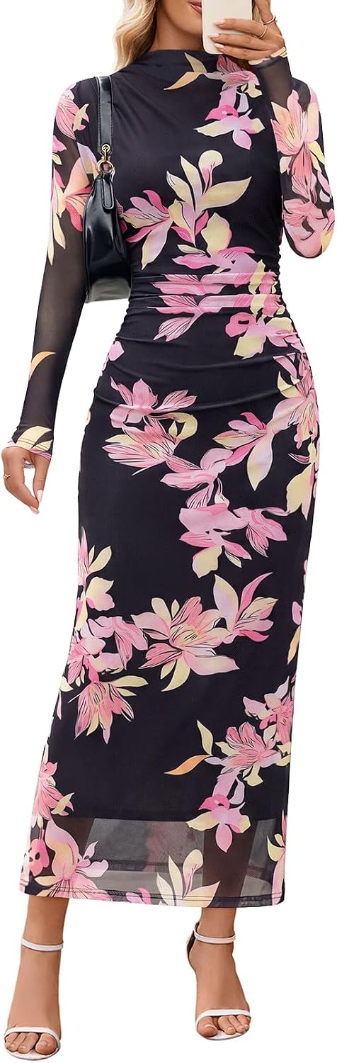 Floral Mesh Long-Sleeve Bodycon Maxi Dress in Pink Floral