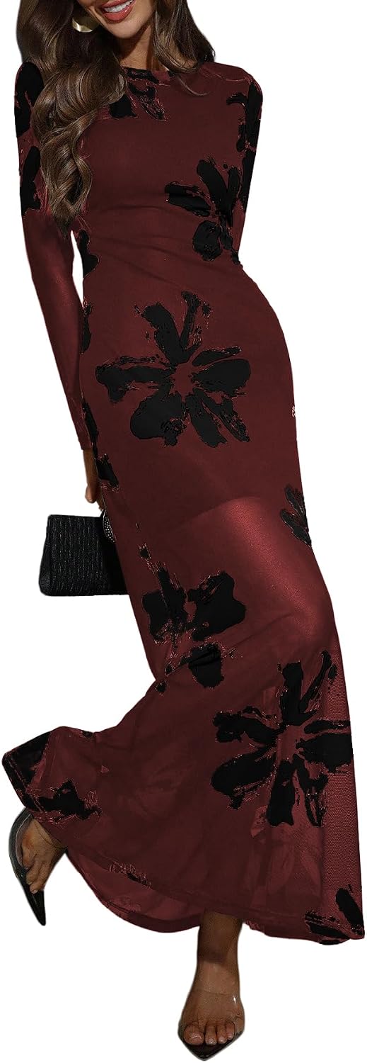 Floral Long-Sleeve Bodycon Maxi Dress in Black And Red