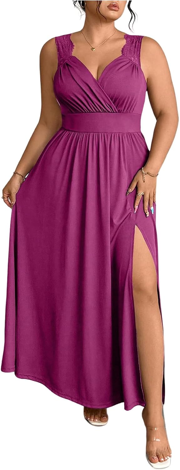 OYOANGLE Women's Plus Size Formal Evening Maxi Dress Wedding Guest Party | High Slit ,Split Side Sleeveless Wrap V Neck Lace Trim Sleeveless Long Cocktail Dress,Summer