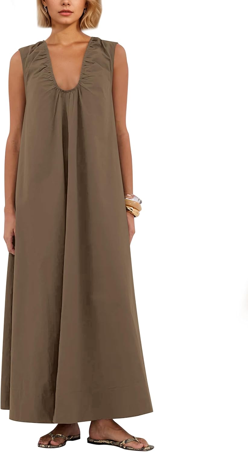 Ardrem Women Sleeveless Ruched Maxi Dress Scoop Neck Long Elegant Dresses Wide Shoulder Strap Blouse Dress with Side Pockets