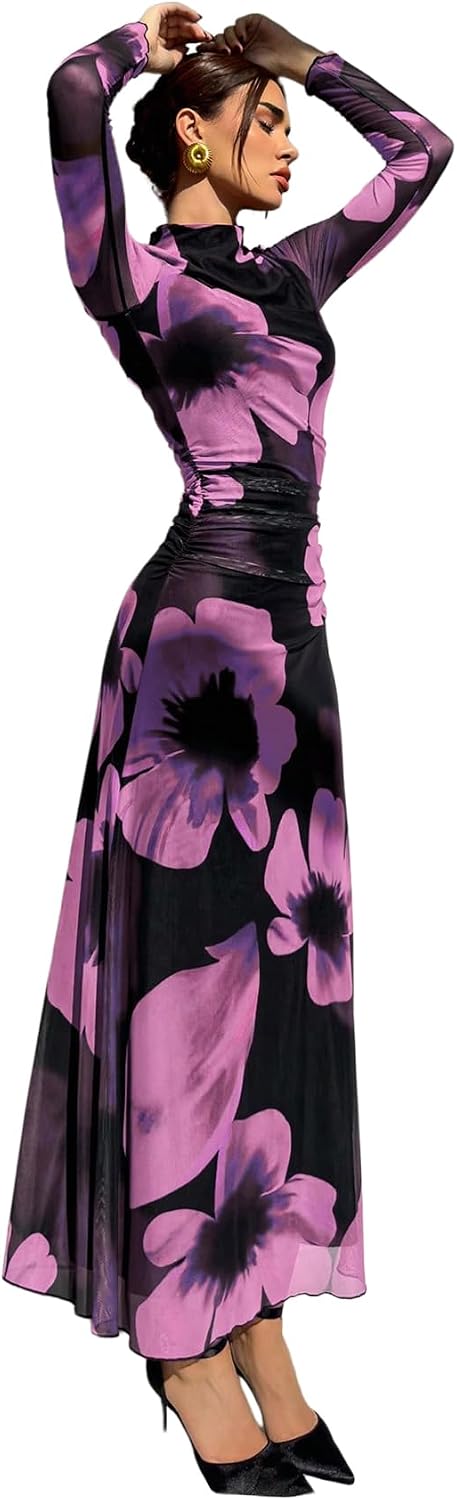 Verdusa Women's Floral Wedding Guest Dress Long Sleeve Mesh Maxi Dresses | Bodycon Dresses, Elegant Dresses for Women, Flowy Dresses, Cocktail Outfits, Fall Dresses for Women