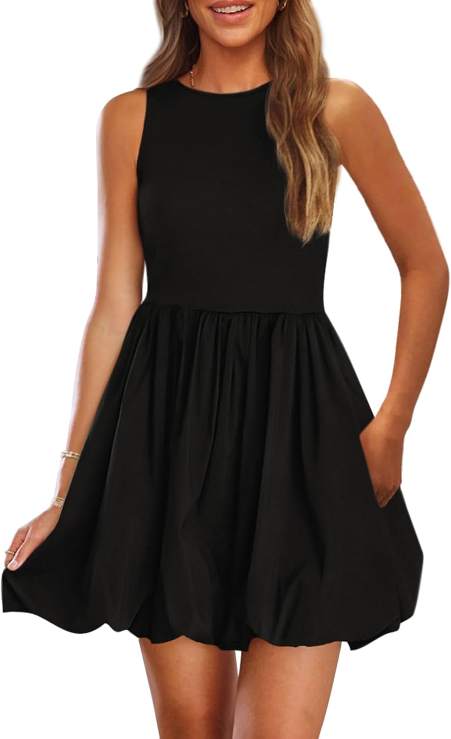 Crew-Neck Sleeveless Mini Dress in Black