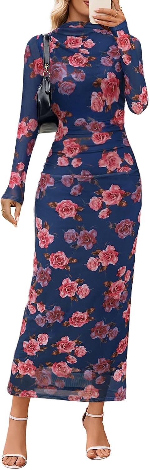 Floral Mesh Long-Sleeve Bodycon Maxi Dress in Navy Pink