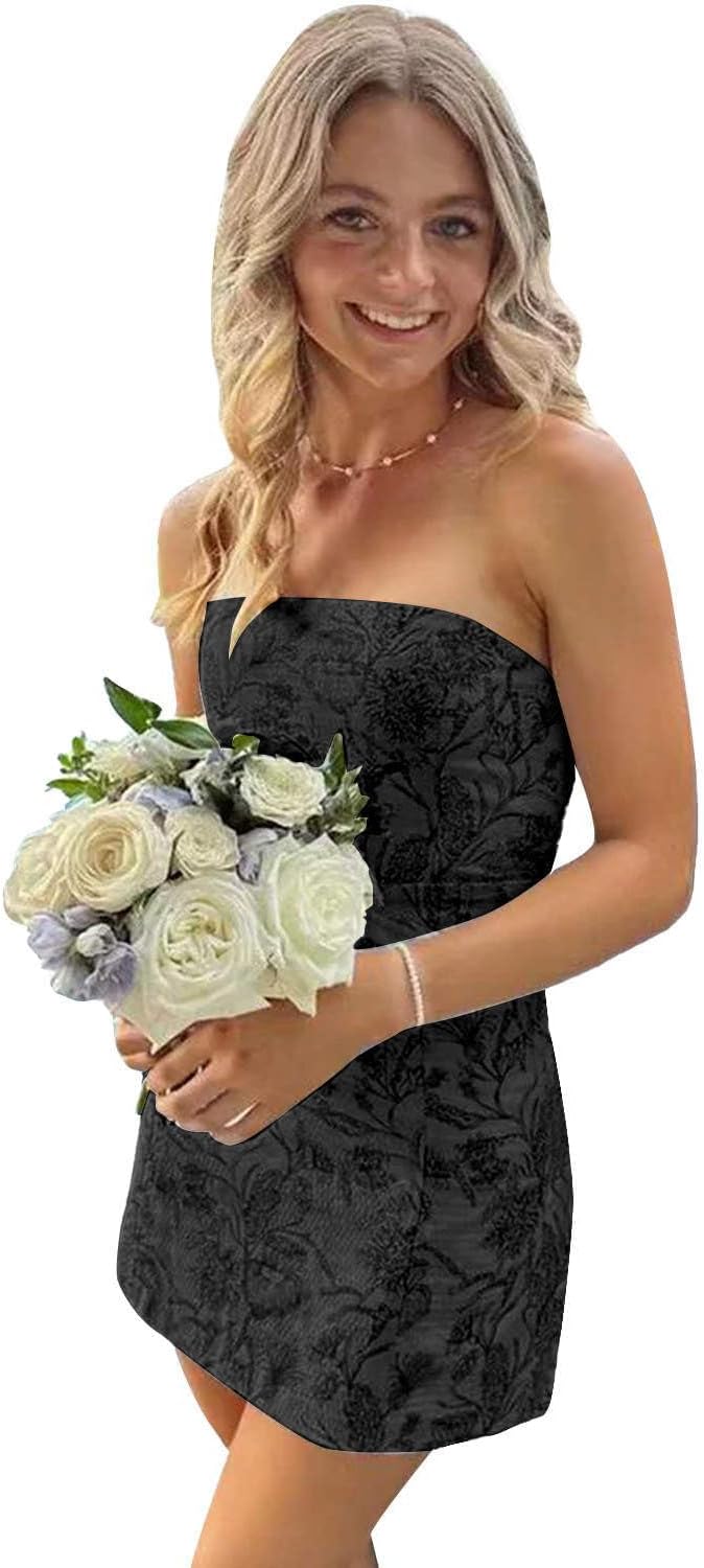 Flybridal Floral Mini Strapless Homecoming Cocktail Dress | Short Prom Graduation Birthday Party Dresses, Semi Formal Wedding Guest Outfit, Built in Bra, Lace-up and Zipper Closure