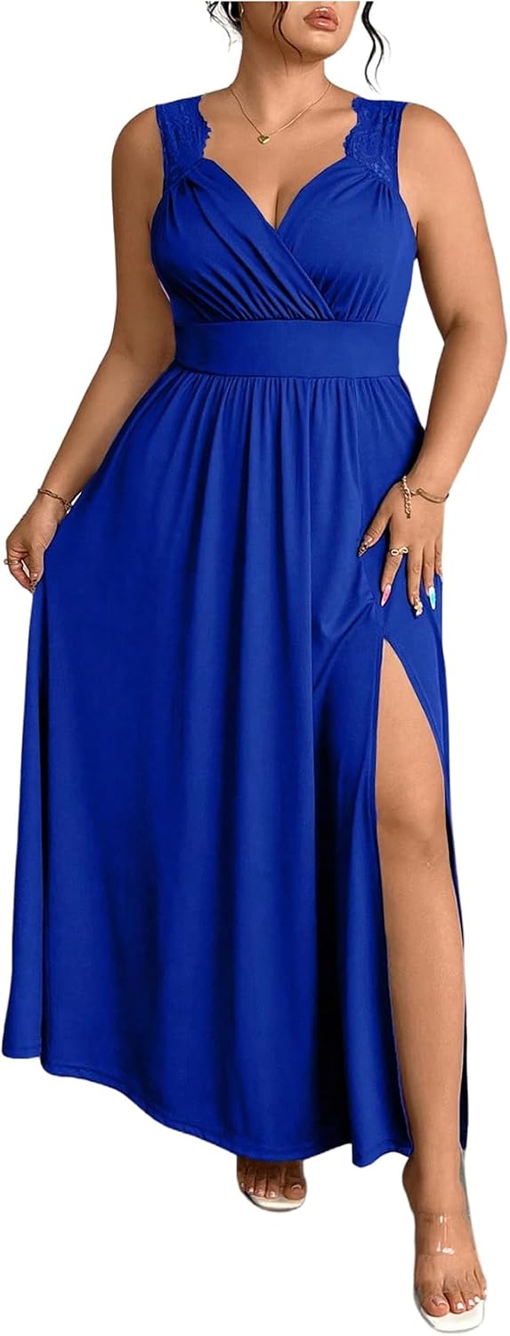 OYOANGLE Women's Plus Size Formal Evening Maxi Dress Wedding Guest Party | High Slit ,Split Side Sleeveless Wrap V Neck Lace Trim Sleeveless Long Cocktail Dress,Summer