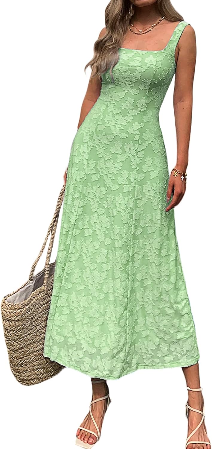 Mieazom Women\u2019s Floral Maxi Dress Square Neck Sleeveless A Line Summer Dress Elegant Fitted Bodice Flowy Long Sundress