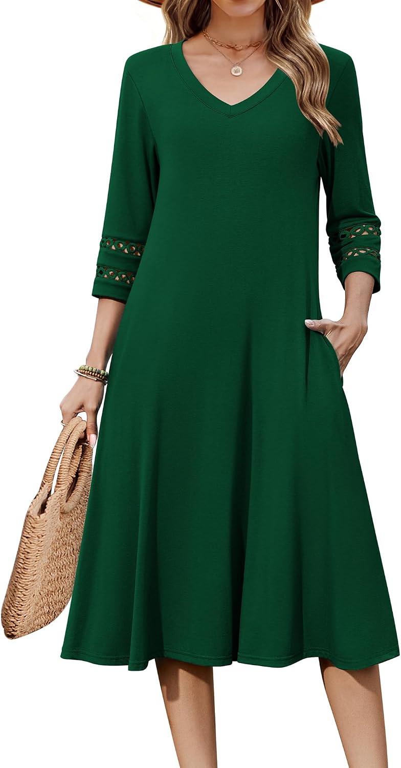Eyelet V-Neck 3/4-Sleeve A-Line Midi Dress in Green