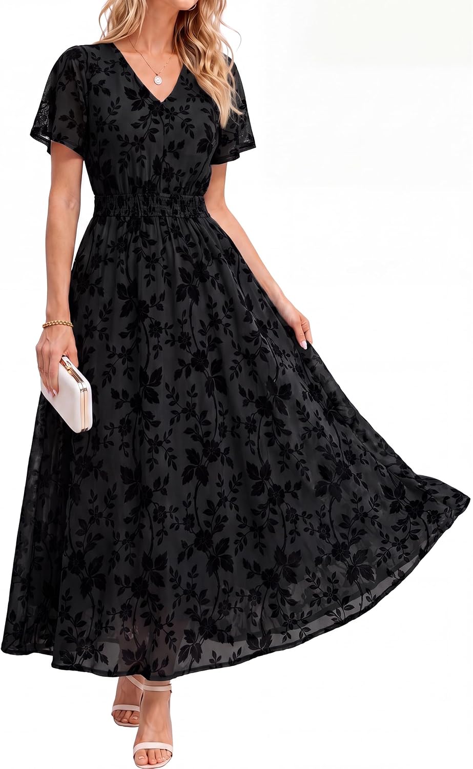 Simplee Womens Formal Fall Floral Mesh Wedding Guest Maxi Dresses | Elegant Flocked Velvet, Stretch Fabric, Short Sleeve, Summer Boho Flowy, Empire Waist, Cocktail Holiday Party Semi Formal