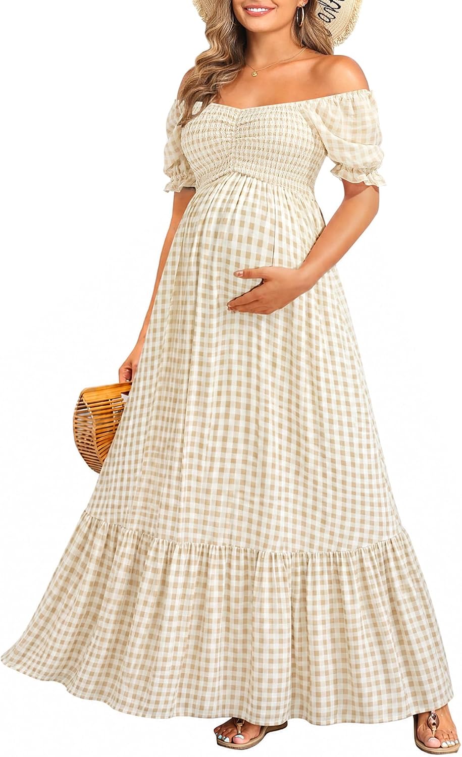 Floral Off-Shoulder Puff-Sleeve A-Line Maxi Dress in Khaki Plaid