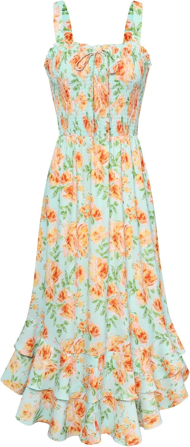 GRACE KARIN Women's 2026 Summer Floral Boho Dresses | Square Neck Strapped Swing A Line Sundress, Long Maxi Beach Dress Outfits, Sleeveless Hawaiian Trendy Fashion Clothes
