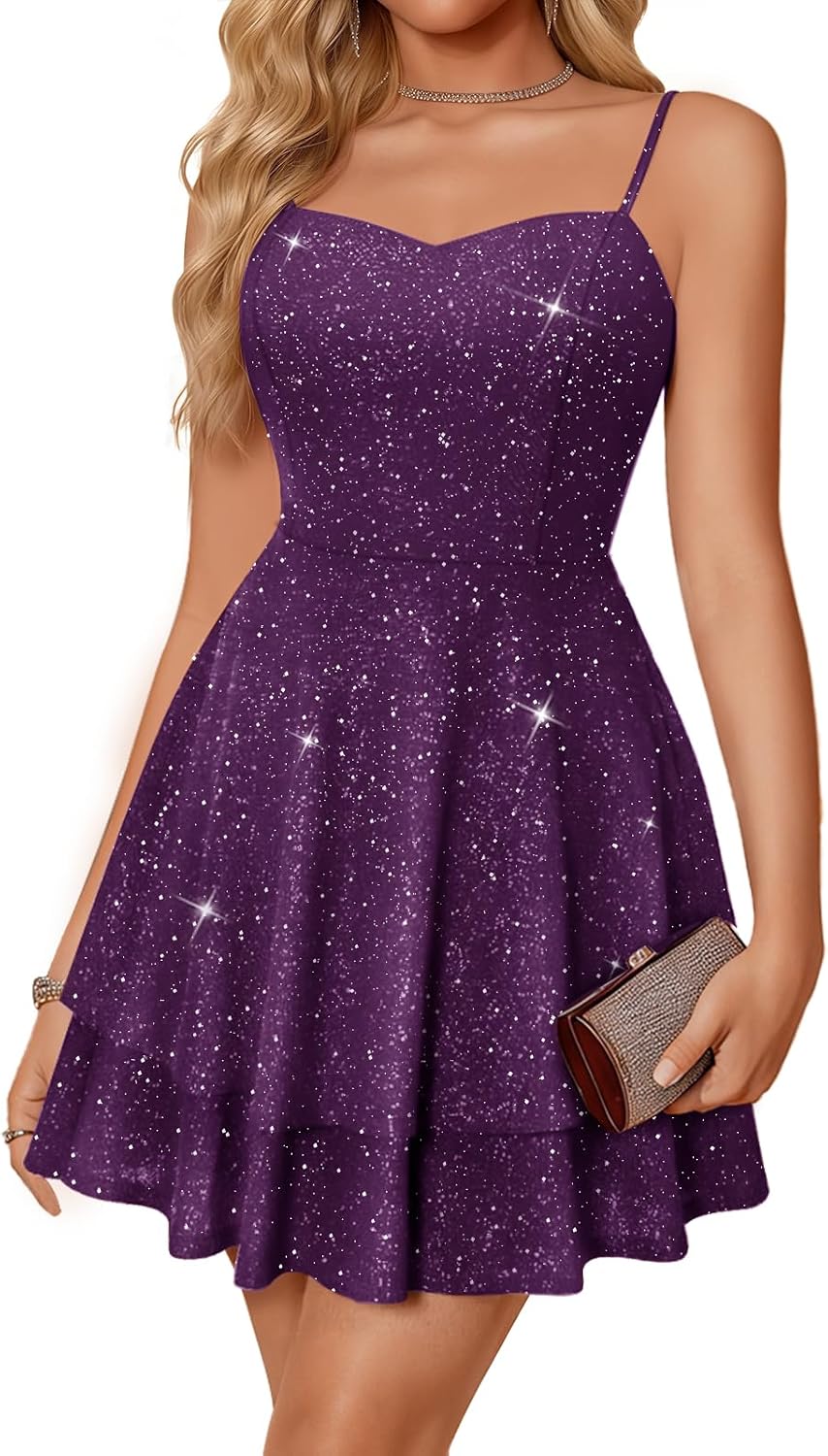 Meetjen Women's Sparkly Homecoming Dresses Teens Short Formal Party | Spaghetti Straps, Doubled Layered, Sweetheart, Sequin Prom Dress 2026, Wedding Guest, Cocktail