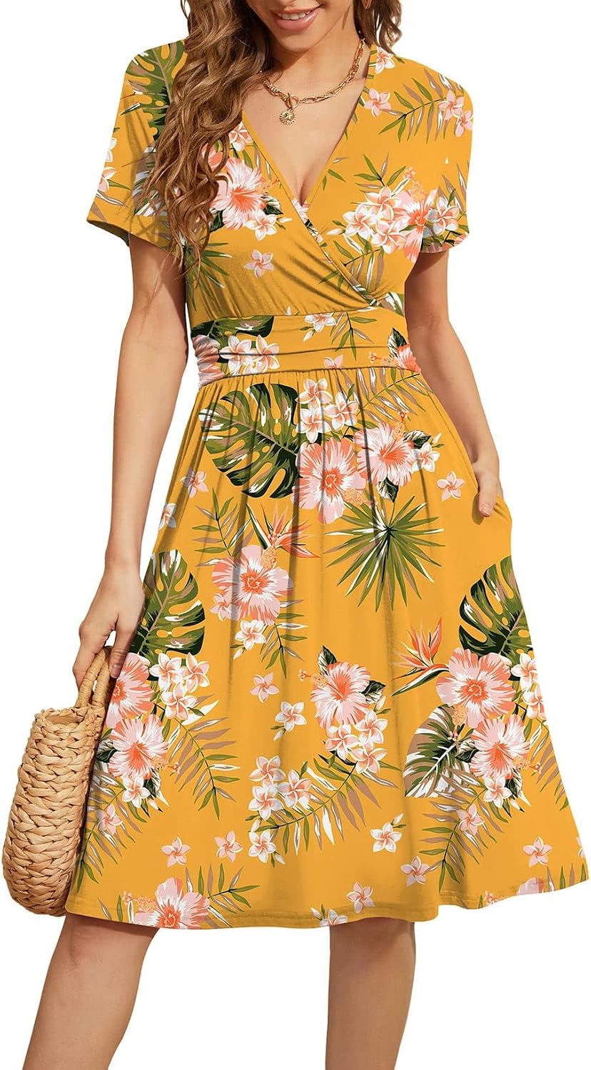 WEACZZY Women's Summer Short Sleeve Casual Dresses V-Neck Floral Party Dress with Pockets