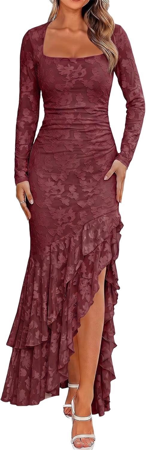 BORIFLORS Women's Elegant Fall Wedding Guest Long Sleeve Maxi Dress | Floral, Mermaid Ruffle, Square Neck, Ruched Mesh,Winter, Cocktail Party Forma, Long Dresses