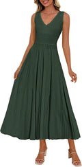PRETTYGARDEN Women's Summer V Neck Pleated Midi Dress | Sleeveless A-Line Long Dresses, Elegant Semi Formal Spring Dress for Work, Wedding Guest, Cocktail, Casual Vacation Outfits