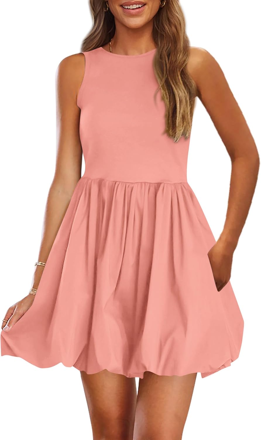 Crew-Neck Sleeveless Mini Dress in Pink