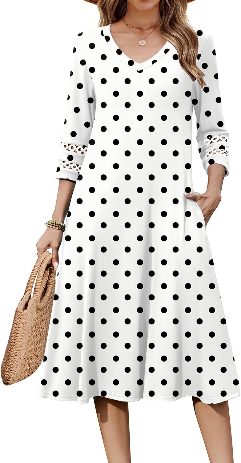 Eyelet V-Neck 3/4-Sleeve A-Line Midi Dress in White Polka Dot