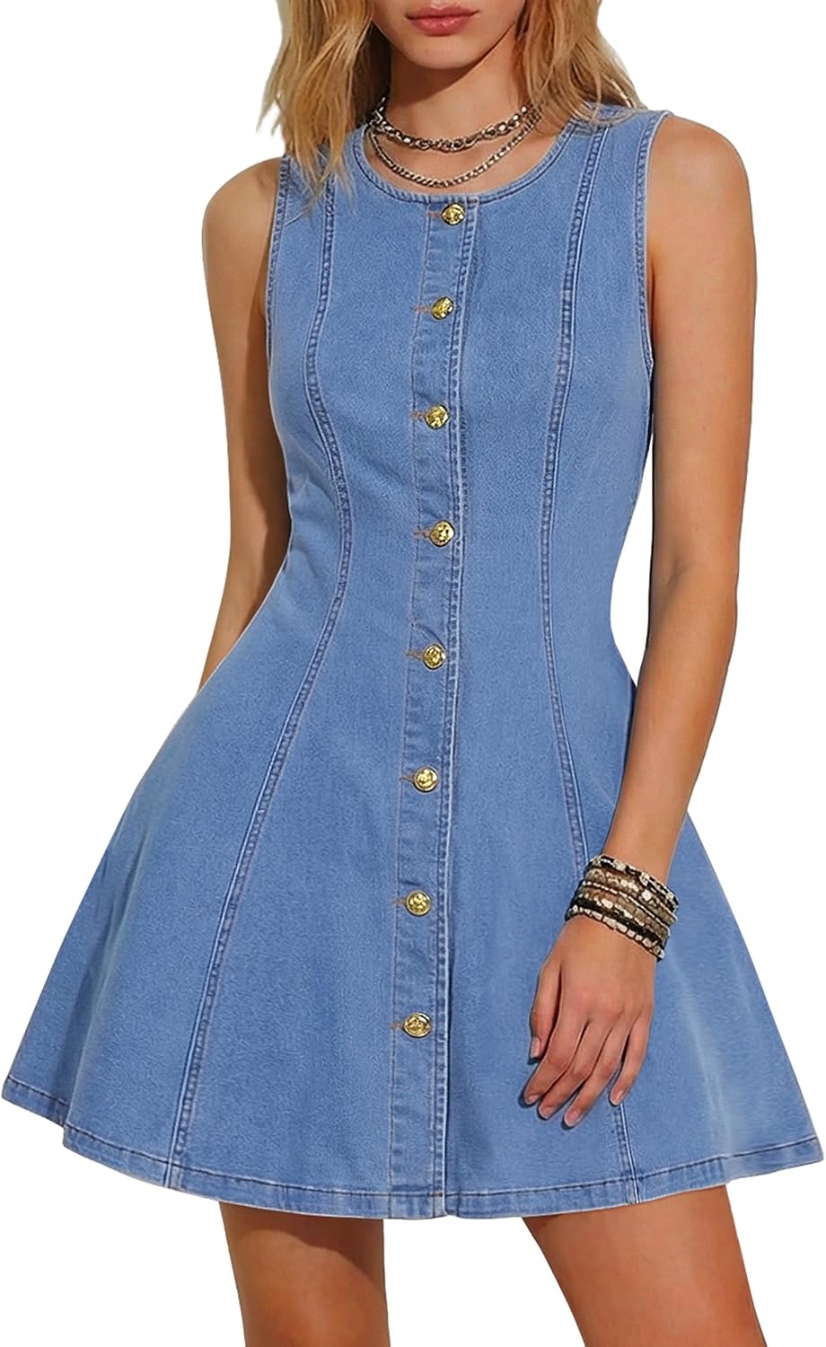 Nitzana Women Denim Dress Sleeveless Mini Jean Dresses Western Outfits 2026 | Button Down Shirt Denim Dress Mini Tank Dresses Casual Babydoll Jean Dresses with Pocket Cowgirl Western Outfits