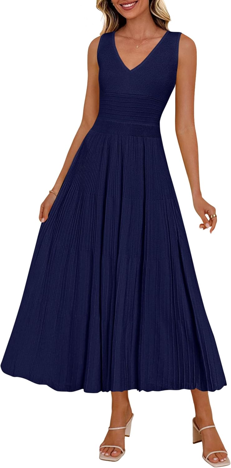 PRETTYGARDEN Women's Summer V Neck Pleated Midi Dress | Sleeveless A-Line Long Dresses, Elegant Semi Formal Spring Dress for Work, Wedding Guest, Cocktail, Casual Vacation Outfits