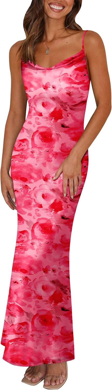 Floral Spaghetti-Strap Bodycon Maxi Dress in Pink