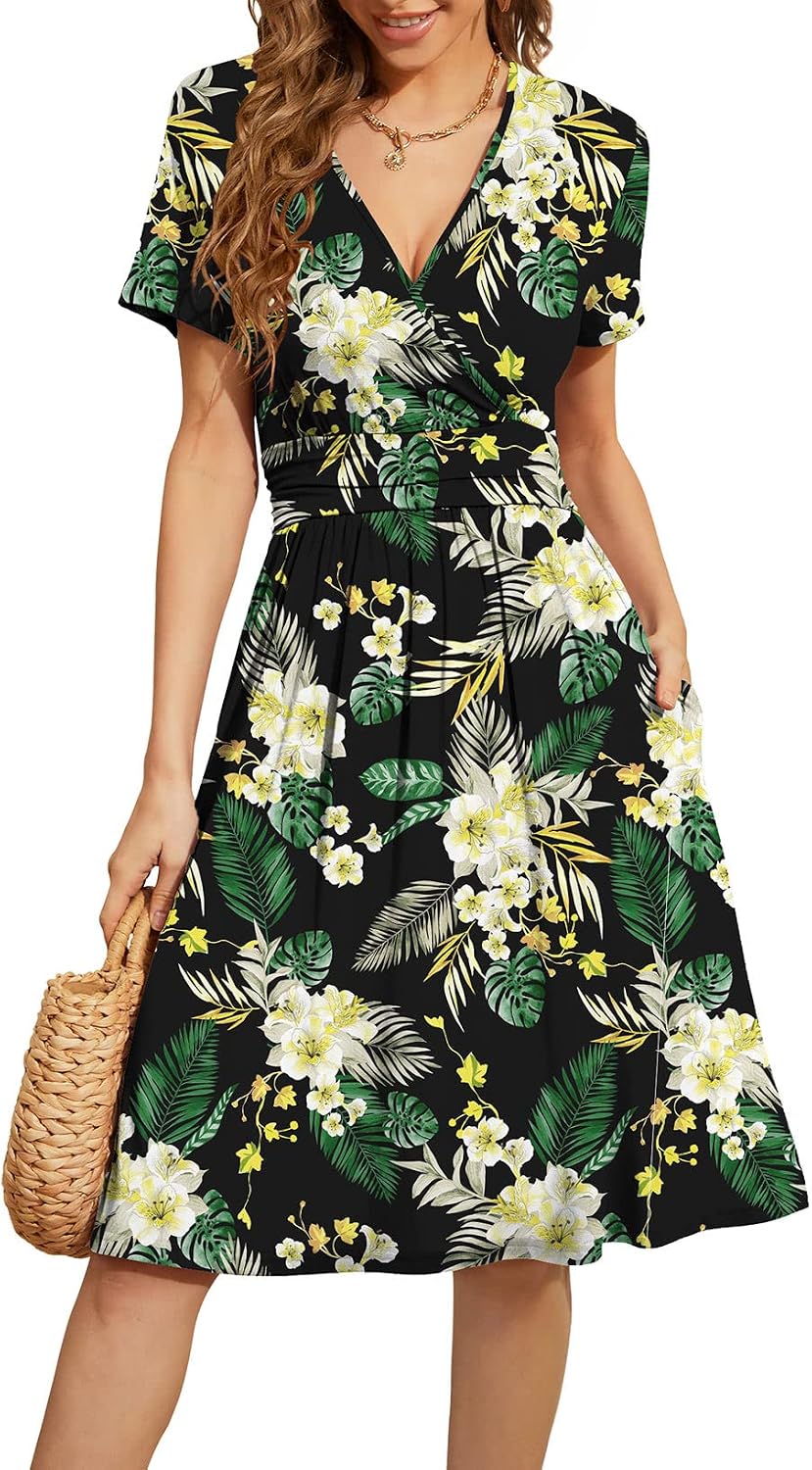 WEACZZY Women's Summer Short Sleeve Casual Dresses V-Neck Floral Party Dress with Pockets