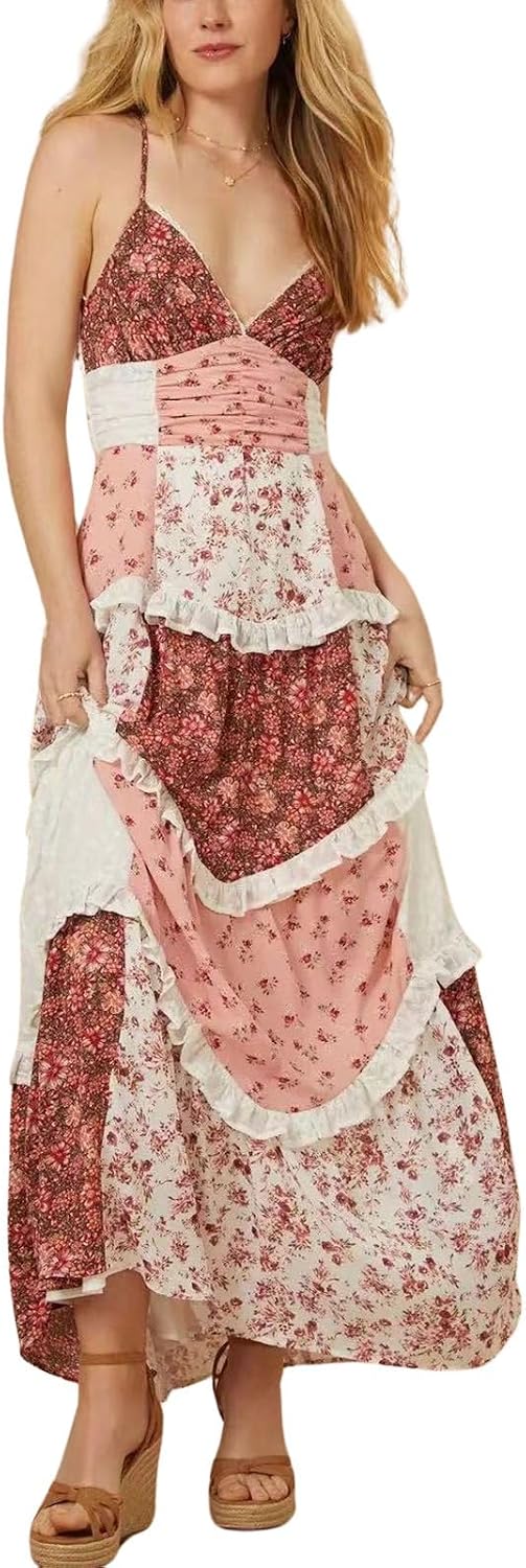 ebossy Womens Lace Patchwork Floral Maxi Dress Spaghetti Strap Sexy Backless Ruffle Tiered Boho Beach Sundresses