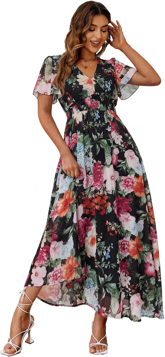 Floral V-Neck Short-Sleeve Maxi Dress in Black Red Rose