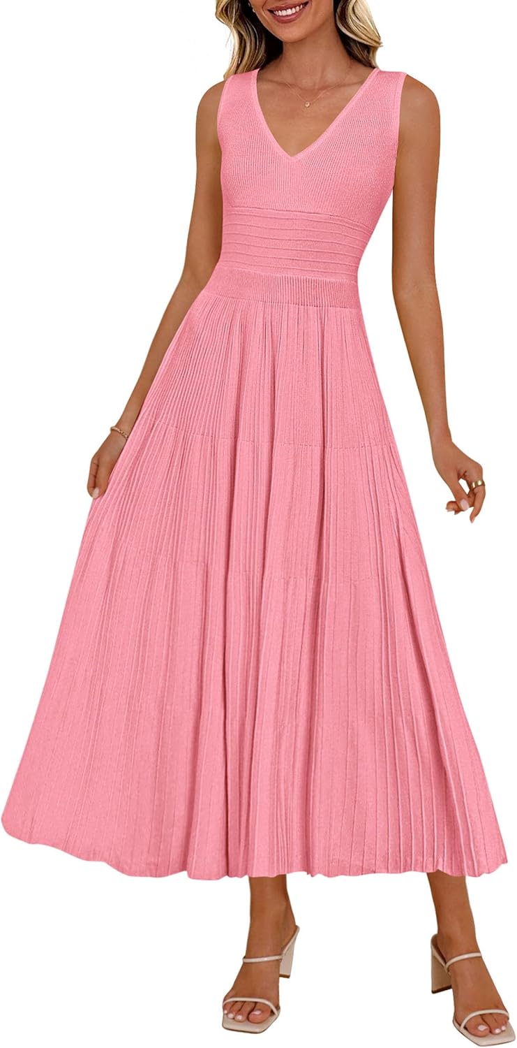 PRETTYGARDEN Women's Summer V Neck Pleated Midi Dress | Sleeveless A-Line Long Dresses, Elegant Semi Formal Spring Dress for Work, Wedding Guest, Cocktail, Casual Vacation Outfits