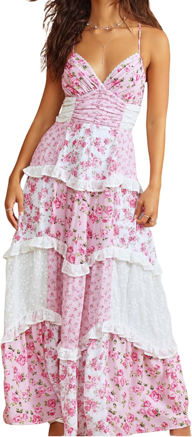 ebossy Womens Lace Patchwork Floral Maxi Dress Spaghetti Strap Sexy Backless Ruffle Tiered Boho Beach Sundresses
