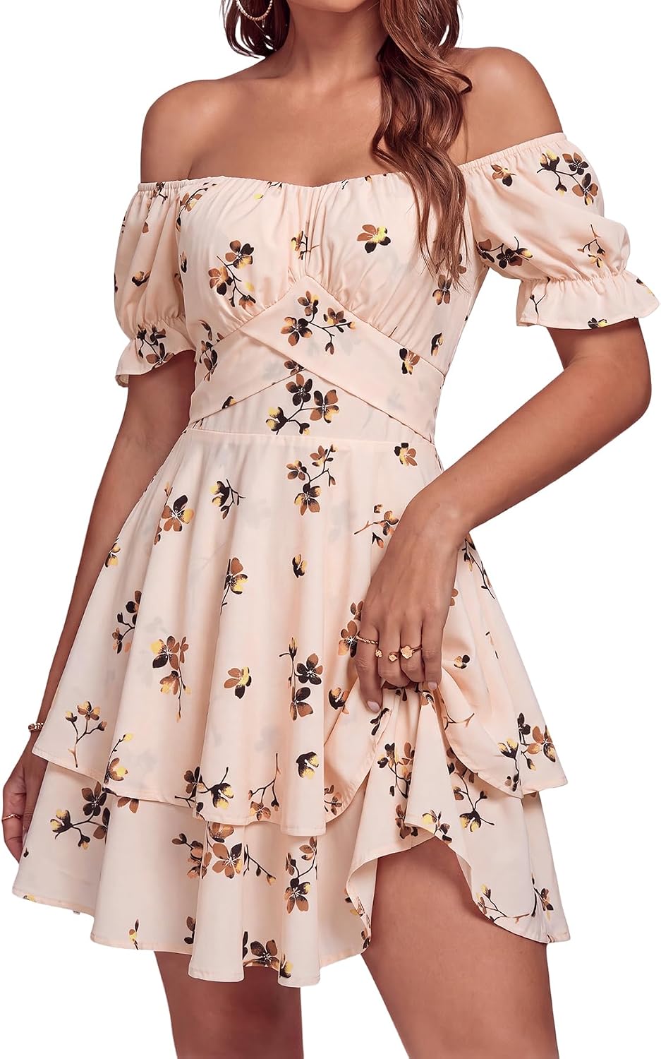 LYANER Women's Off Shoulder Casual Dress | Summer Tie Back Wrap Layer Ruffle A Line Short Sleeve Party Elegant Mini Dresses