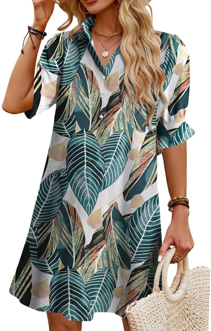 JPGLOV Womens Summer Shirt Mini Beach Dresses | Button Down Shift Dress,Ruffle Short Sleeve,Floral Boho Style,Side Pockets,Casual Vacation Hawaiian Wedding Guest Outfits