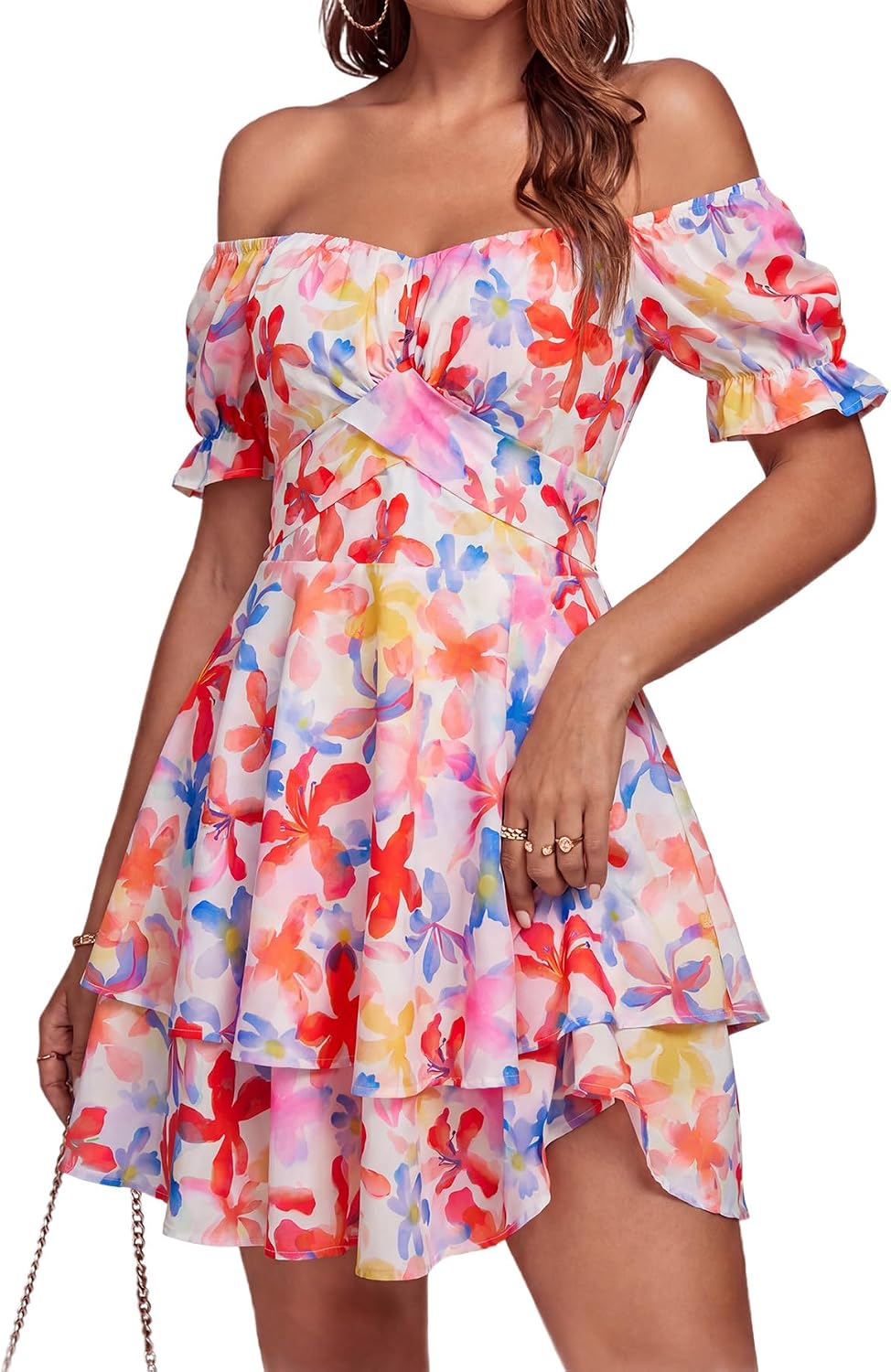 LYANER Women's Off Shoulder Casual Dress | Summer Tie Back Wrap Layer Ruffle A Line Short Sleeve Party Elegant Mini Dresses